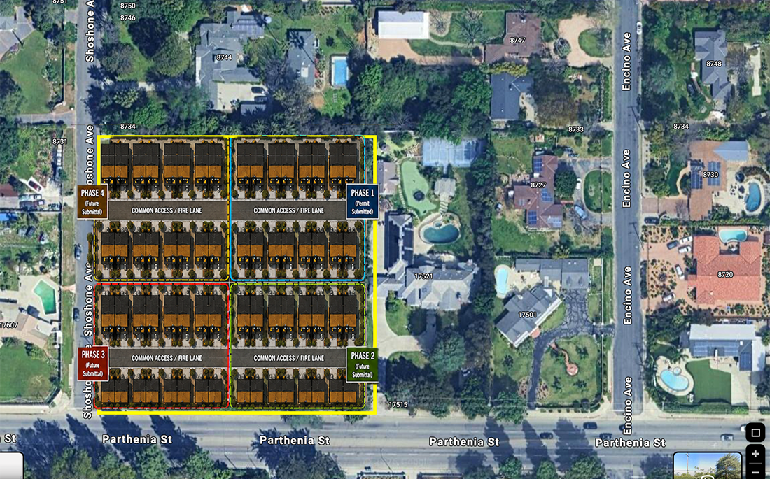 Aerial composite — proposed 4-phase townhome buildout overlaid on 17545 W. Parthenia St.