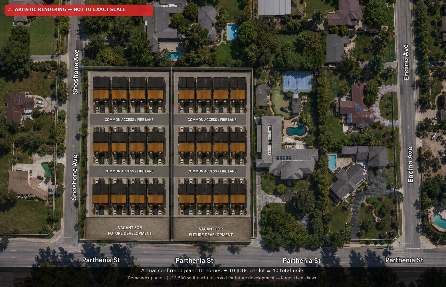 Aerial rendering — two lots side by side, 10 units each with remainder parcels for future development