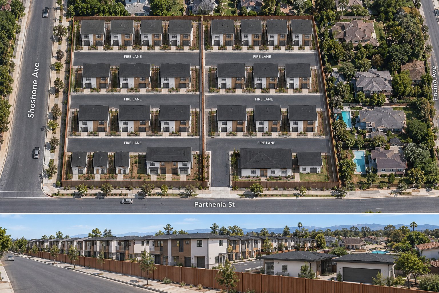 Aerial and street-level rendering of the proposed development at Parthenia and Shoshone