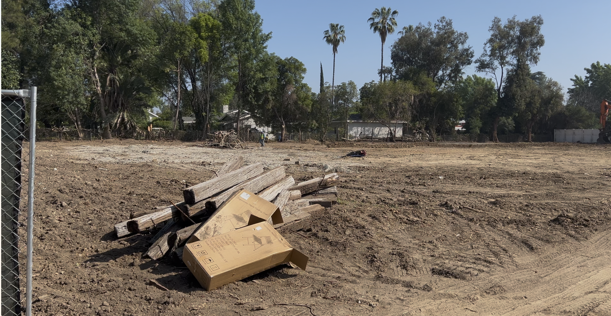 After demolition — bare earth and felled trees, Feb 25 2026